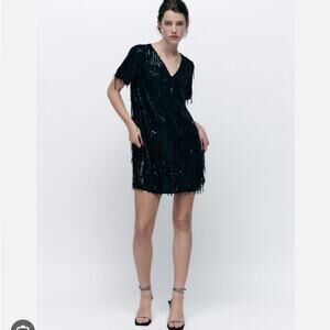 Zara Black Sequin Fringe Dress Size Large